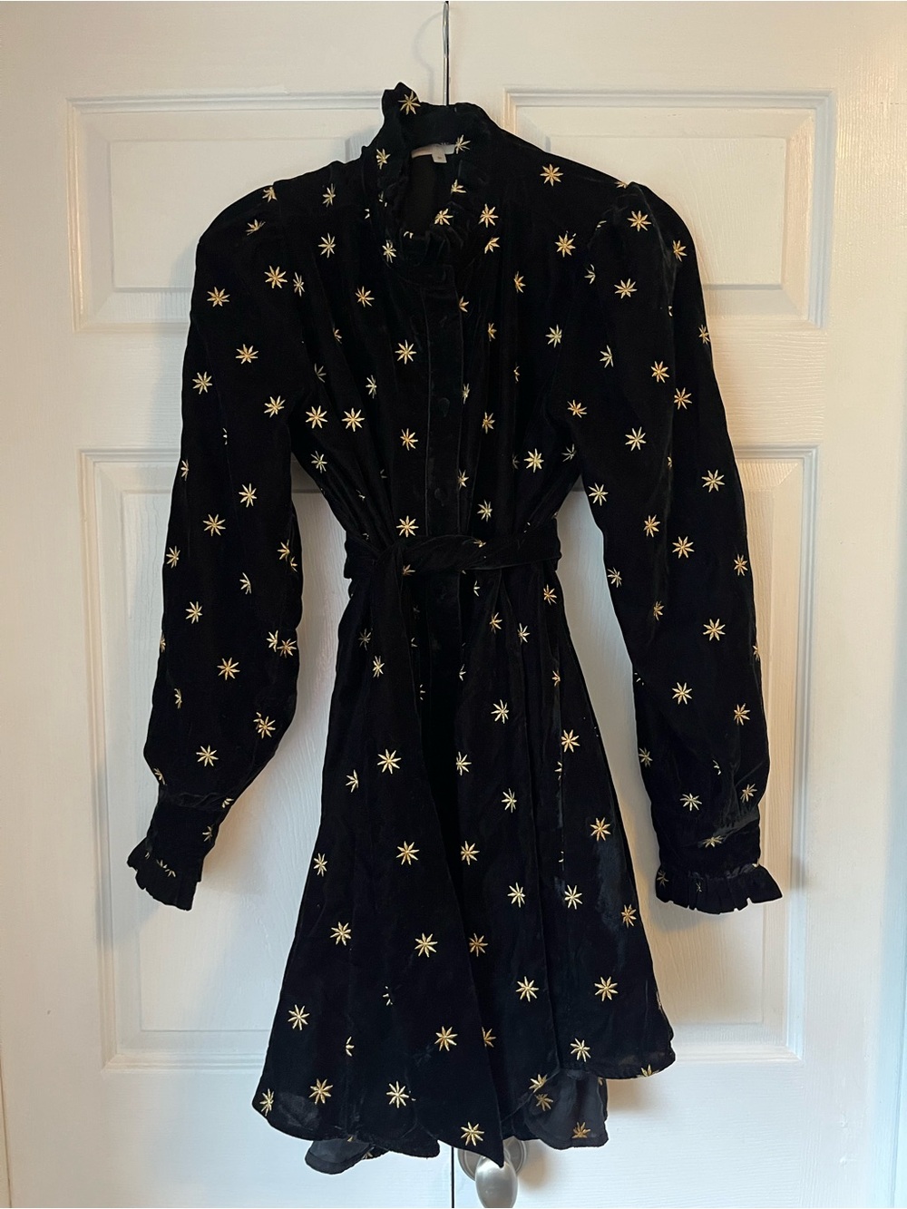 🖤✨Sézane “Orchidea” Mini Belted Dress in Black with Gold Star Embroidery